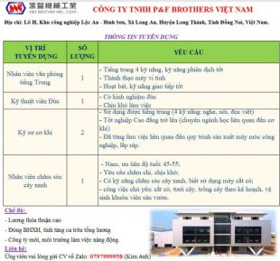 Công Ty TNHH PF BROTHER Việt Nam Tuyển Dụng