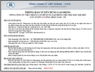 THÔNG BÁO TUYỂN DỤNG LAO ĐỘNG TỔNG CÔNG TY VIỆT THẮNG – CTCP