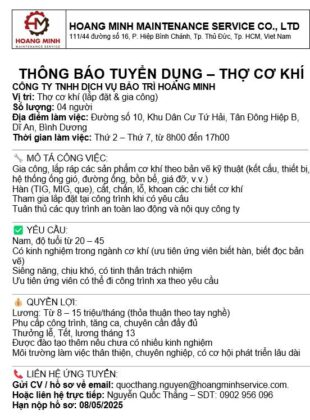 CÔNG TY TNHH DỊCH VỤ BẢO TRÌ HOÀNG MINH Tuyển dụng: Thợ cơ khí